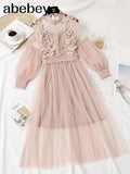 Stand-Neck Long Sleeve Party Dresses Women Solid Sweet Mesh Streetwear Mid-Calf Female Eleglant Summer Lace Dress