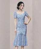 Temperament Romantic Purple Flowers Party Dress 2022 Women Square Collar Puff Sleeve Slim Ruched Ruffle Fishtail
