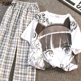 T Shirts+Plaid Pants 2-Piece Sets Women Harajuku Teens Girls Casual Tracksuits 2021 Summer Japanese Students Matching