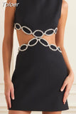 Solid Diamonds Mini Dress Women Round Neck Sleeveless Spliced Hollow Out Bodycon Dresses Female Summer 2023 Style