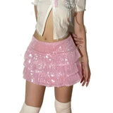 Sequin y2k Skirt Summer Women Sparkle Low Waist Mini Skirt with Bow Shiny Glitter Pleated Short Skirt 2000s Night