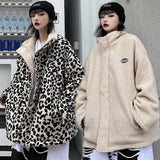 Leopard Print Women Fleece Jackets Motorcycle Jacket Faux Lamb Fur Kawaii Coat Teddy Fur Coat Fleece Parkas Cropped