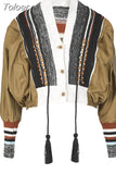Fashion Women's Jacket Rivet Patchwork Tassel V-neck Long Sleeve Single Breasted Contrast Color Coat Spring 2023 New