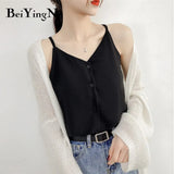Casual Loose Buttons Top Tank Women 5Colors Sexy High Street Strap Chiffon Female T Shirt All-match Soft Camis