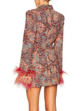 Print Dresses For Women V Neck Long Sleeve High Waist Patchwork Feathers Elegant Belt Dress Female Autumn Clothing