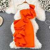Sexy Skew Collar One Shoulder Ruffle Party Bodycon Dress Women Summer Orange/Blue/White High Waist Slim Vestidos Female Robe