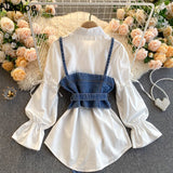 Two Pieces Outfits for Women Vintage Shirts Fashion Puff Sleeve Blouses Loose Denim Shirt Jeans Tops Vest Korean 2 Piece