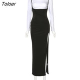 Women Solid High Split Dress Banquet Elegant Spaghetti Belt Sleeveless Dress Sexy Summer Loose Wild Female