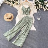 Summer Women Pleated Two Piece Set Sexy Female Criss Cross Twist Strap Tops + High Waist Draped Pants Beach Suits Vacation