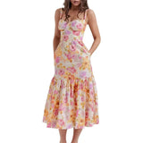 Women Floral Printed Dress y2k Aesthetic Square Neck Low Cut Split Bustier Long Dress Slim Fit Beach Sundress Summer
