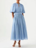 Tie Dye Slim Dress Female Stand Collar Puff Half Sleeve High Waist Spliced Ruffles A Line Long Dresses Female Summer