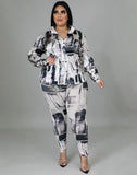 Print Blouse and Pants Plus Size Two Piece