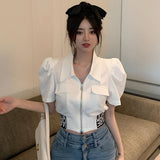 Blusas De Mujer Summer Blouses for Women Puff Sleeve Zipper Crop Tops Temperament Shirts Fashion Korean Tunic White