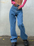 Fashion Blue Denim Women Pants Elegant Loose High Waist Straight Jeans Streetwear Buttons Trousers Female Clothing