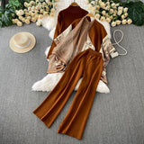 Temperament Bottom Half-High Collar Sweater + Printed Knitted Shawl Jacket + High Waist Lanky Trousers Three-Piece