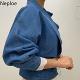 Fall 2023 Women Clothing Cropped Denim Jacket Vintage Turn-down Collar Puff Sleeve Ruffles Crop Tops Korean Jean