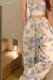Y2k Floral Two Piece Top Pant Set Women Korean Casual High Street Summer Suits 2023 Elegant Mini Top Long Wide Leg