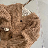 Solid V Neck Puff Sleeve Cable Knit Cardigan-Outfit