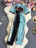 New Spring Autumn Fashion turn down collar short sleeve zipper Jumpsuit hit color print high waist casual wide leg