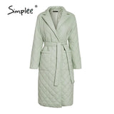 Simplee Cotton padded long winter coat female Casual pocket sash women parkas High street tailored collar stylish overcoat