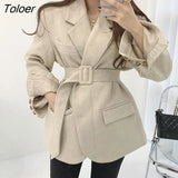 Woolen Coat for Woman Winter 2023 Apricot Herringbone Vintage Elegant Belt Blends Jacket Business Korean Autumn