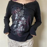 y2k Shirt Women Vintage Aesthetic Lace Trim Floral Print V Neck Long Sleeve Tops 2000s Fairy Grunge Clothes