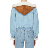Toloer Blue Denim Lamb Hair Spring 2024 New Splicing Personality Single Breasted Short Coat Woman-Outfit