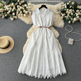 Design Buckle Loose Collar With Long Dress Women Summer Waist 100 Folded Shirt Collar Splicing Long