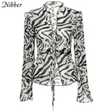 sexy deep V-neck Lace up beach club Top Women Mesh See Through Long Sleeve Solid T Shirt Fashion Ruffles Summer tee