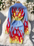 Fire Flame Print Knit Sweater Dress Women New Chic Zipper up Stand Collar Full Sleeve Sexy Party Streetwear Club