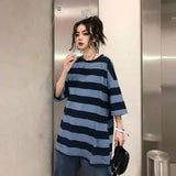 Fashion Hip Hop Women T-Shirt Loose Summer Oversize Striped Funny Female Tops Tees Purple Funny Japan Harajuku T Shirt