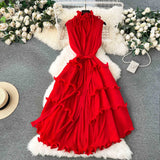 Three-Home Folded Dress Dress Wooden Ear Long Heavy Industry Pressure Folds High-End Exquisite Dress