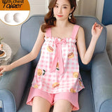 Sets Womens Summer Bow Printed Shaghetti Straps Loose Plus Size M-5XL Students Casual Sleepwear Elasticity Home