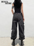 Rockmore Gothic Black Overalls Womens Cargo Pants Sling Bow Belt Dungarees Wide Leg Pants Casual Trousers