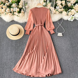 Vintage Women Pleated Long Dress Female Elegant Lantern Long Sleeve High Waist Red/Purple Draped Maxi Vestidos Spring Autumn