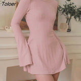 Basic Casual Knitted Dress Beige Black Long Sleeve Frill A-line Dresses Elegant Fashion Party Outfit Korean