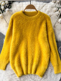 Plush Sweater Women Loose Gentle Long Sleeve Fashion O Neck Korean Top 2022 Winter Solid Streetwear Knitted
