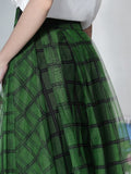 TWOTWINSTYLE Patchwork Sheer Mesh Midi Skirt For Women High Waist Loose Plaid Colorblock Irregular Hem Skirts Female Clothes