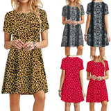 Color Summer Womans Printed Dress Short Sleeve Mini Causal Dress Crew Neck Basic A-line Floral Printed Leopard Thick