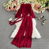 Women Bandage Two Piece Set Spring Autumn Solid Blue/Red/Green Long Sleeve Short Tops And High Waist Split Pants Female Suit