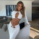 Spring Fall Sexy Bandage Maxi Skirt Suit Long Sleeves Hollow Out Top And Skirts Sets For WomenS Party Bodycon
