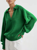 Polo Collar Sweaters Oversized Women Autumn Winter Loose Long Sleeve Top Knitted White Pullover Solid Sweater For