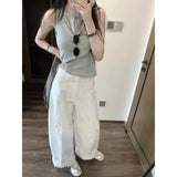 Atmosphere Is Beautiful Wearing A Korean Slimming Knitted Vest White Broad Leg Casual Pants Set