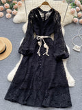 Vintage Hollow Out Lace Long Dress Women Elegant V-Neck Single Breasted Puff Sleeve High Waist Blue/Beige/Black Maxi Robe