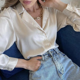 Elegant Satin Silk Women Shirts Spring Autumn Vintage Turn Down Collar Female Blouse white Office Ladies Shirt Tops