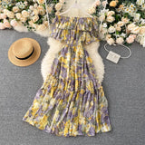floral print Sexy ruffles Summer off shoulder chiffon long dress Party elastic waist Women casual beach holiday tunic