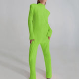 Free Shipping Cotton Casual Women Knitted Two Piece Sets Women's Slim Outfits Striped Turtleneck Sweater And Elastic Pant