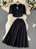 Elegant Women Set Summer 2022 Gentle Fashion V Neck Button Blouse Zipper Ruched A Line Long Skirt Slim Two Piece