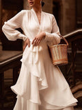 Plain Dress For Women V Neck Long Sleeve High Waist Bandage Sexy Midi Dresses Female 2023 Spring Fashion Clothing