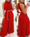 Jumpsuit Women Overalls Summer Sleeveless Pleated Wide Leg Casual Halter Tied One Piece Plain Long Jumpsuit Without